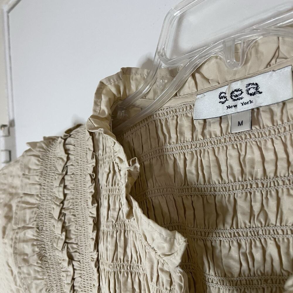 SEA new york tan beige flutter sleeve smocked blouse top size medium - Picture 4 of 4